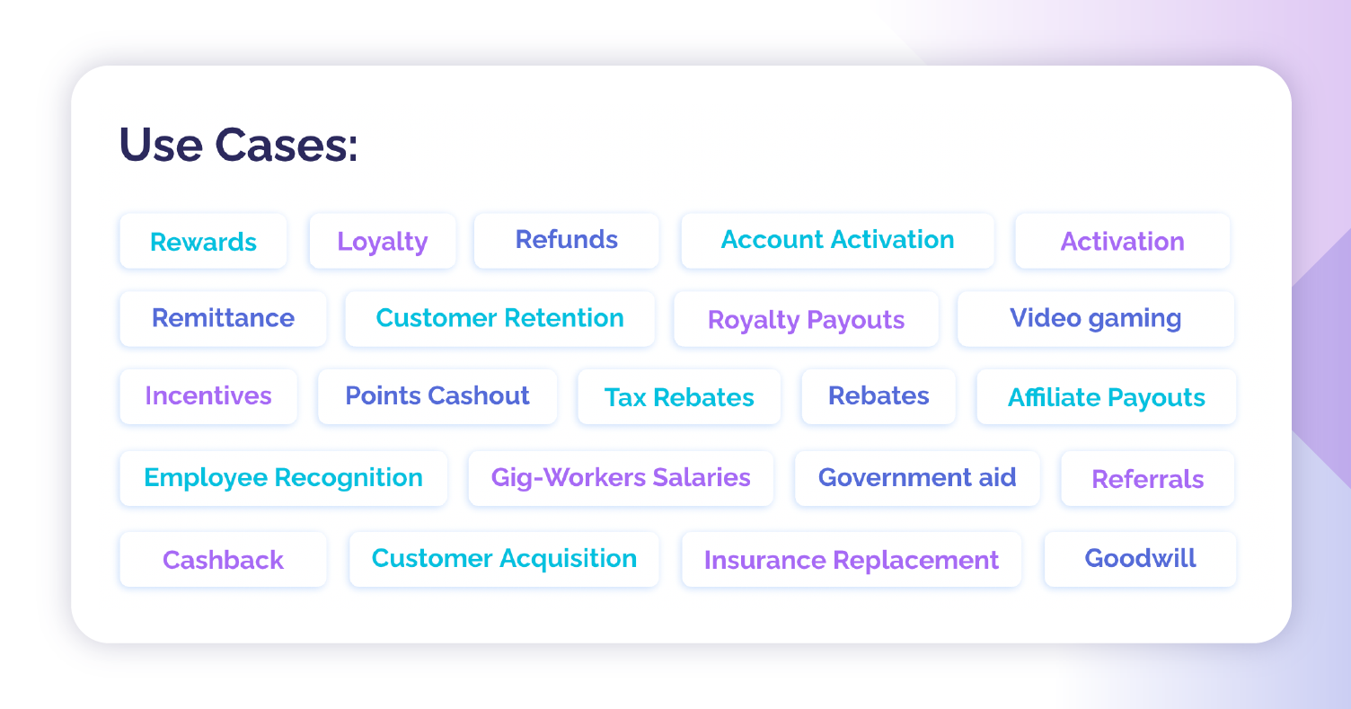 Rewards, Remittance, Loyalty, Refunds, Account Activation, Customer Retention, Royalty Payouts, Points Cashout, Tax Rebates, Rebates, Employee Recognition, Gig-Workers Salaries, Government aid, Cashback, Customer Acquisition, Insurance ReplacementActivation, Video gaming, Affiliate Payouts, Referrals, Goodwill